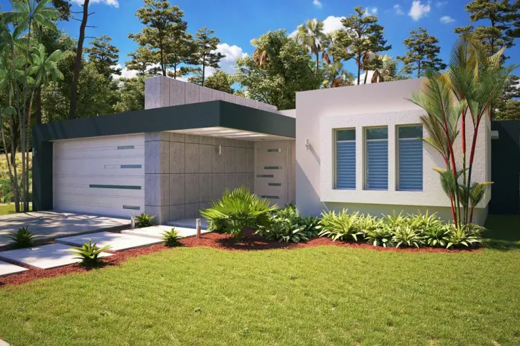 Renderización de residencia moderna de nueva construcción con jardín