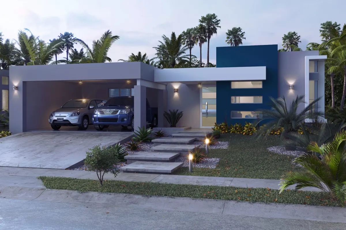Renderización de residencia de nueva construcción al atardecer, con entrada iluminada