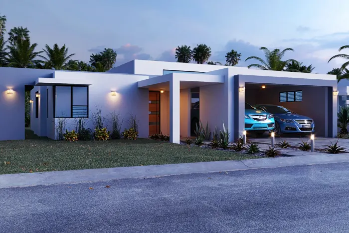 Renderización de residencia de una planta al atardecer, con marquesina doble