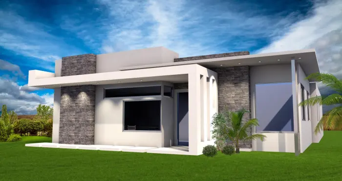 Renderización de fachada de nueva construcción en piedra y hormigón