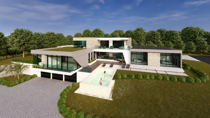 Renderización aérea de residencia de nueva construcción con piscina